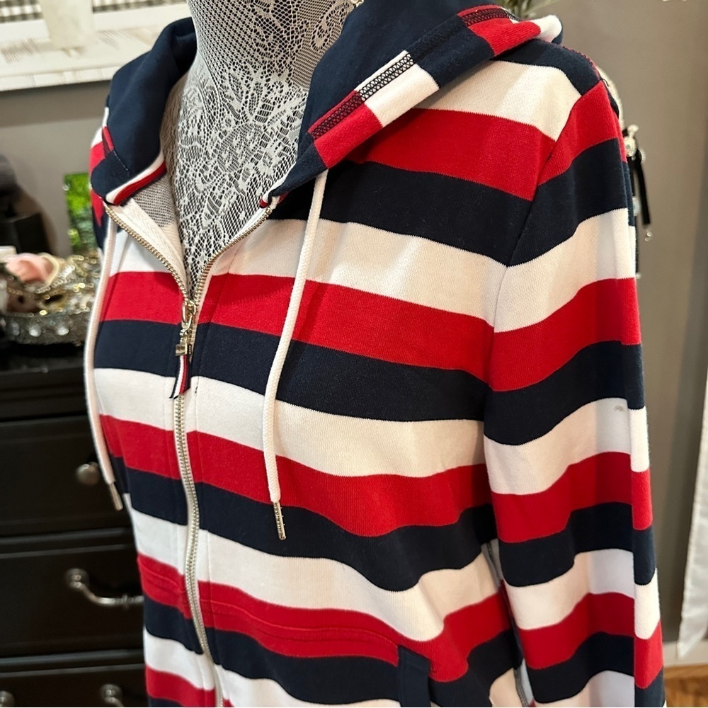Tommy Hilfiger Red White Blue Stripe Zip Hoodie Classic Preppy Size Medium - Picture 5 of 16